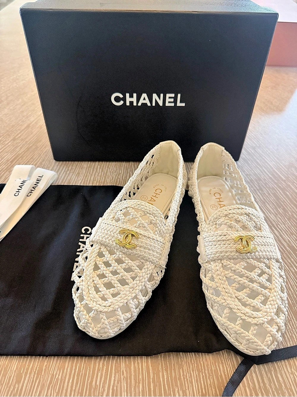 CHANEL Woven Macrame CC Loafers White 36